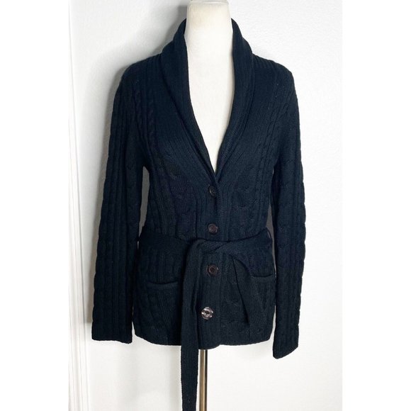 Privé Sweaters - Prive Cashmere Black Cable knit Belted Cardigan Sweater Size Medium